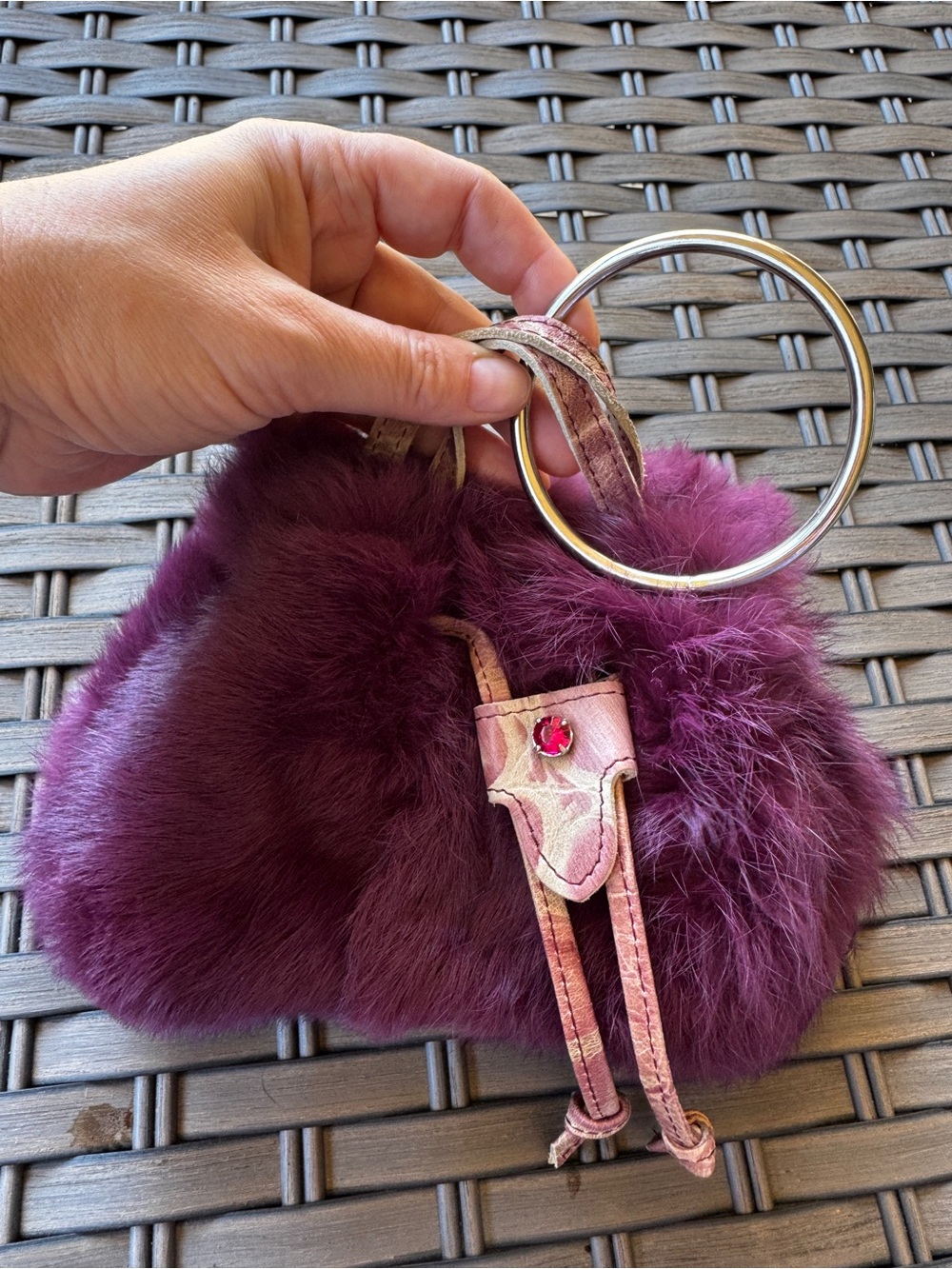 Caterina Lucchi Fur Mini Handbag Made In Italy Burgundy Ring Handle Y2K - Picture 6 of 15
